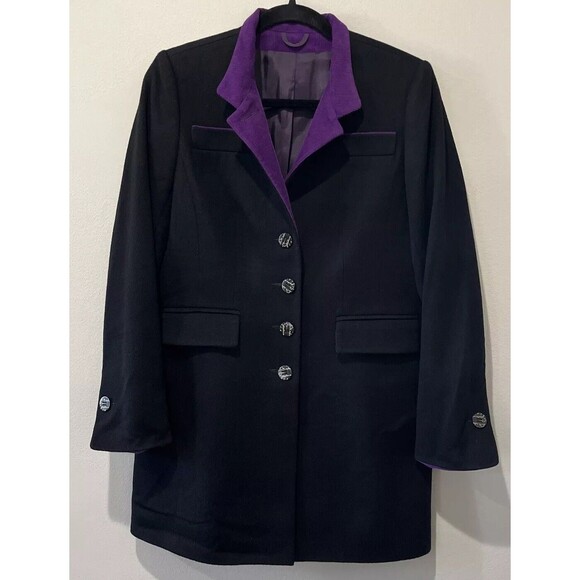 Algo Of Switzerland Cashmere Coat Women’s Medium Black Purple Corduroy Button - Picture 1 of 8